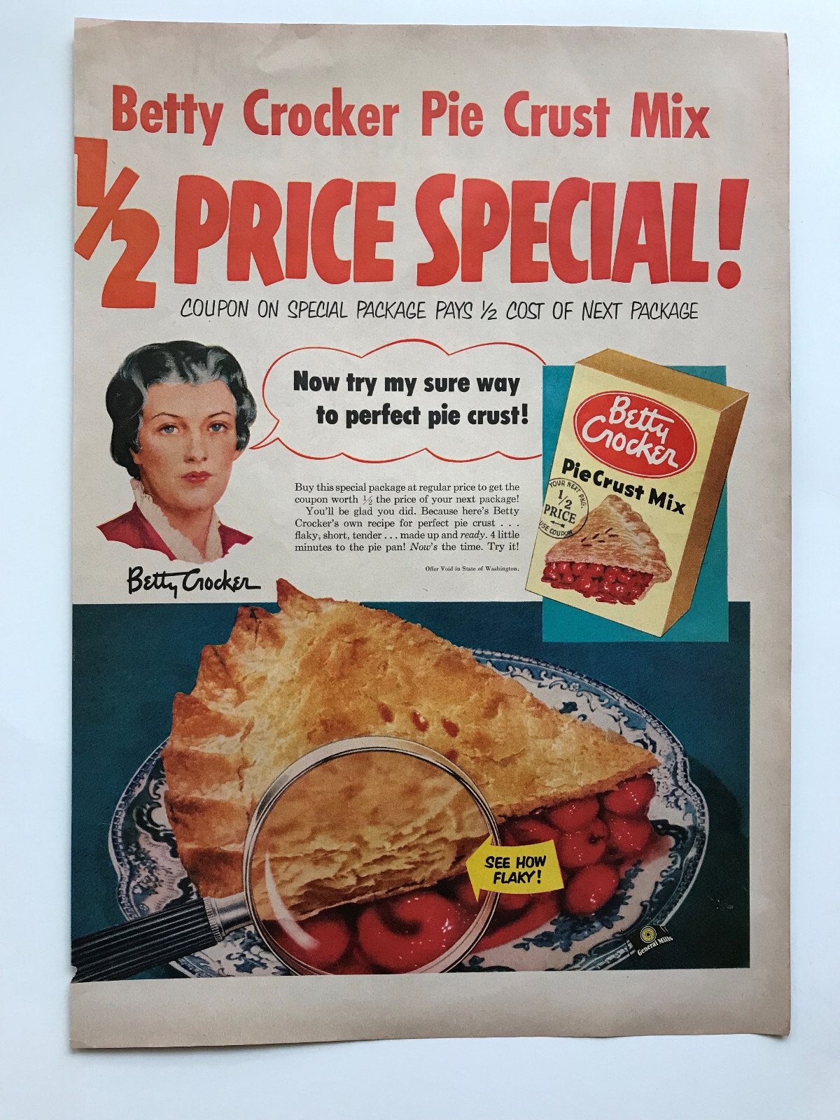1953 Betty Crocker Pie Crust Mix Vintage Print Ad 1/2 Price Special eBay