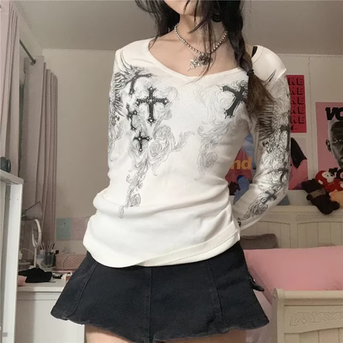 Camiseta estética de la década de 2000 con estampado de alas cruzadas y2k para mujer - Imagen 7 de 10