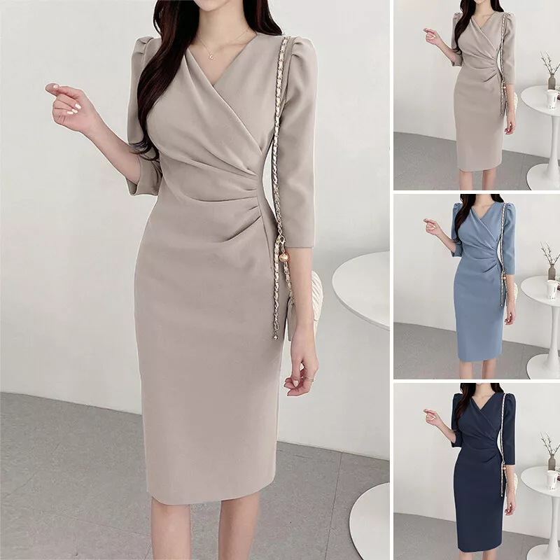 UK Womens 3/4 Sleeve V Neck Skinny Long Dress Ladies Cocktail Party Prom  Dresses