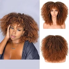 Curly Wigs for Black Women Afro Wig with Bangs Ombre Brown Wig Short Curly Afro 
