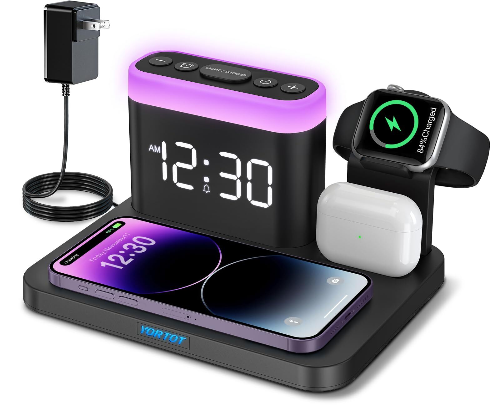 Wireless Charging Station, 5 in 1 Wireless Charger Stand with Alarm Clock, 7 ...-image