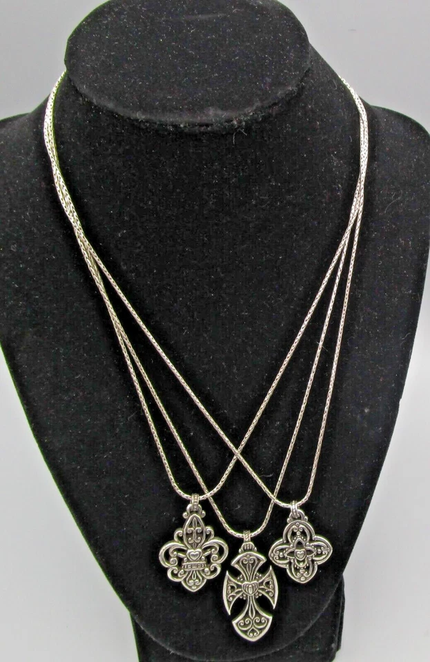 BRIGHTON~Retired 3 Strand CROSS Silver Plated Pendant Necklace