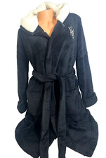 VICTORIA'S SECRET COZY SHERPA-LINED HOOD PLUSH LUXURY ROBE ONYX BLACK XS VS LOGO