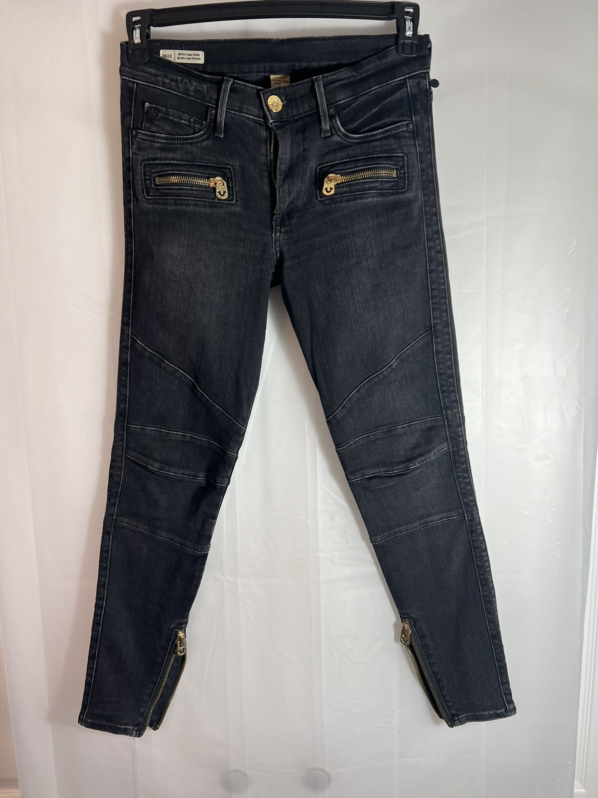 True Religion womens Halle mid rise super skinny black jeans, size 27