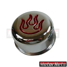 Chrome Push in Valve Cover Oil Breather Cap Flame Red Fire 1.25" Chevy Ford Rod