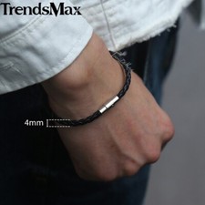 4mm Black Braided Cord Rope Leather Bracelet Unisex Mens Stainless Steel Clasp