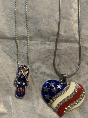 2 QVC Vintage Patriotic Pendant Flip Flop & Heart Necklaces Rhinestones S-Tone