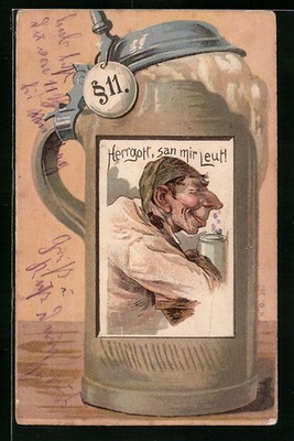 Lithograph Drinker Portrait on Beer Mug, Sign §11 