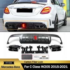 LED Rear Bumper Diffuser+Exhaust Tips For 15-21 Benz W205 C63 C43 Sedan B Style