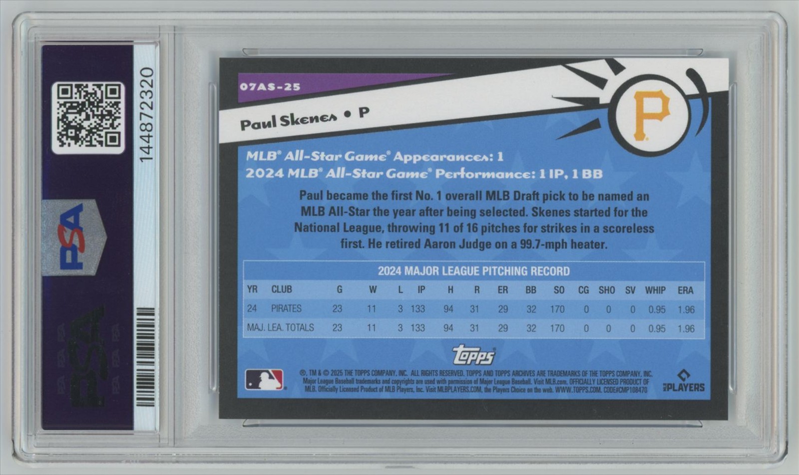 2025 Topps Archives 2007 All-Stars Paul Skenes PSA 10 Pittsburgh Pirates 07AS-25 view 2