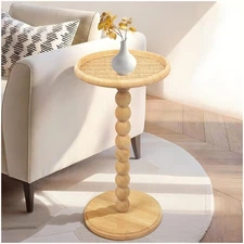 Drink Table, Boho Rattan Small Round Side Table for Small Spaces, Solid Wood ...