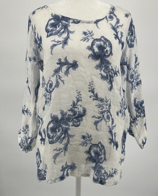 L'Ago Italian 100% Linen Top Sz M White Floral 3/4 Sleeve Sheer Elegant Beach