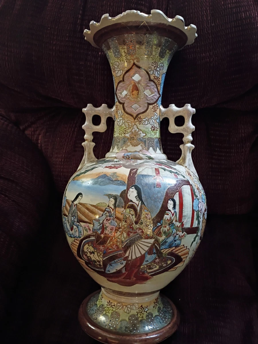 古い大花瓶 戦前オールド大倉 手描色絵花図 大花瓶 角印 共箱【大倉陶園作