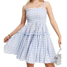 Asos Design Cami Blue Gingham Dorothy Smocked Ruffle Mini Dress Size 2