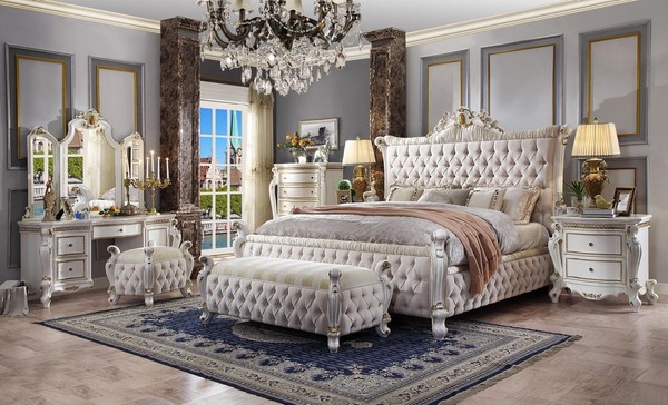 Schlafzimmer Set Bett Nachttisch Schminktisch Spiegel Hocker Chesterfield 7Tlg.-image