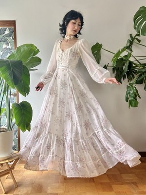VTG 70s Gunne Sax Rose Bouquet Lace Up Corset Voile Prairie Maxi Dress XS/S Boho