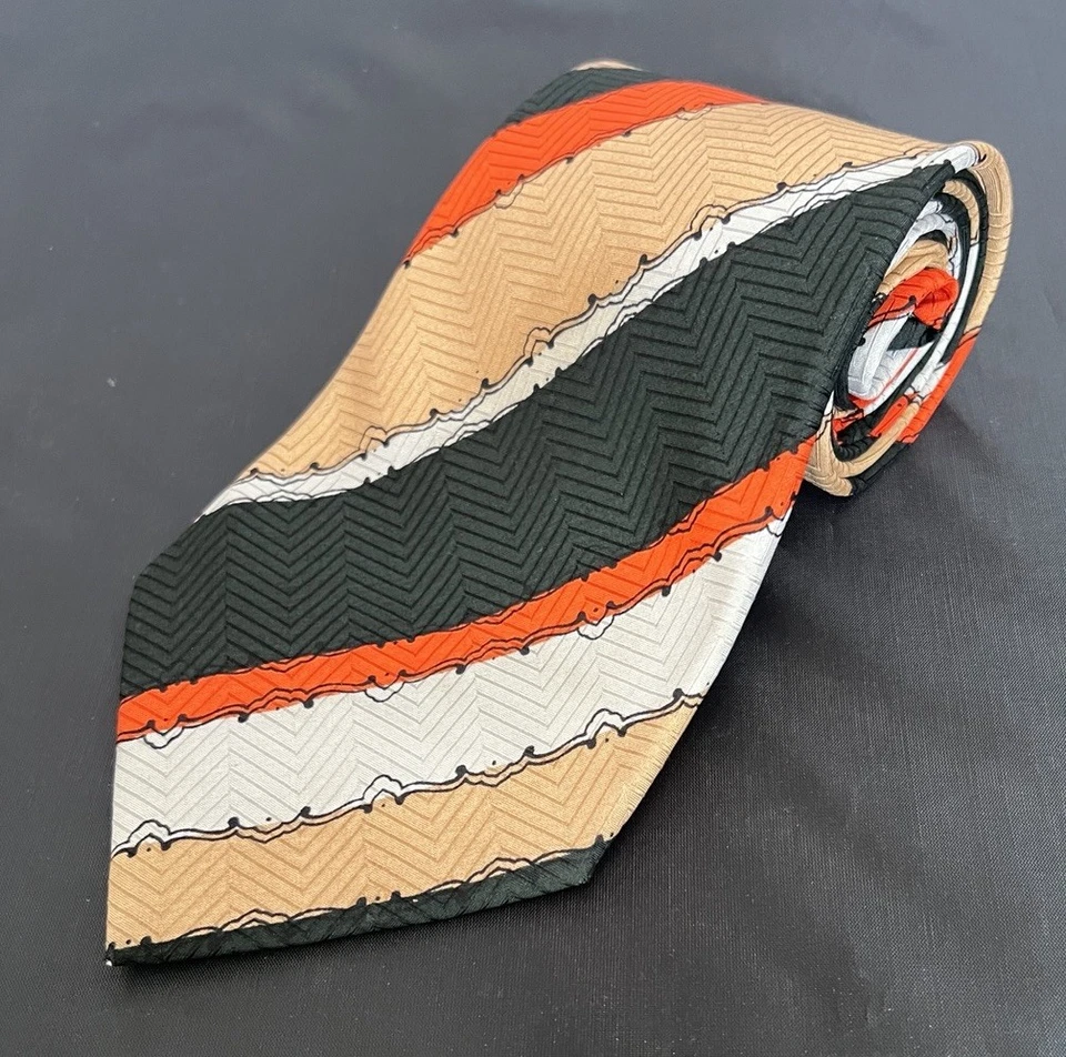 Corbata de seda ancha vintage años 70 a rayas naranja negro blanco tostado feo funky discoteca Foto 3 de 4