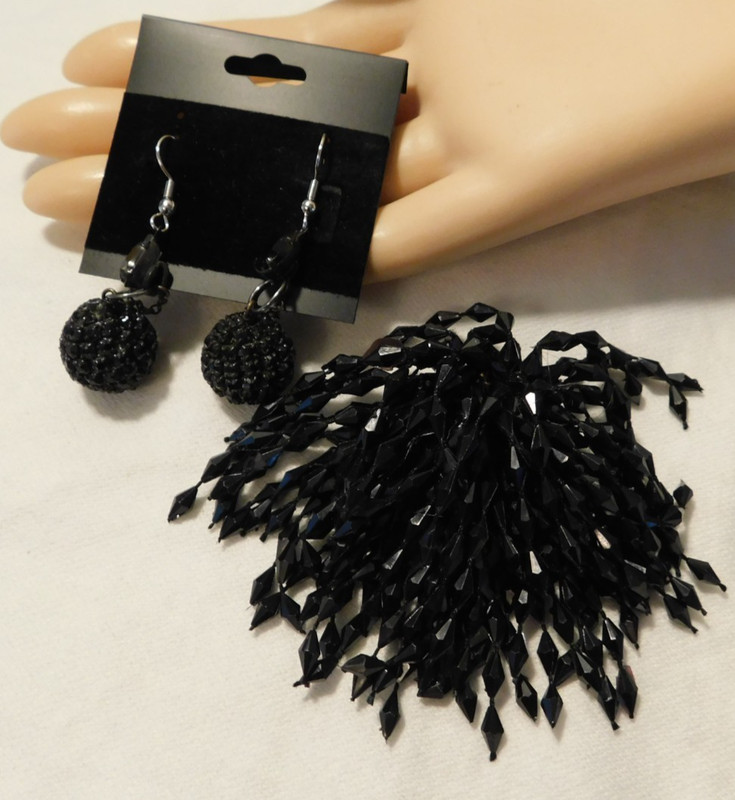 Vintage Black Tassel Pom Pom Brooch and Dangling Ball Earrings Set 1960
