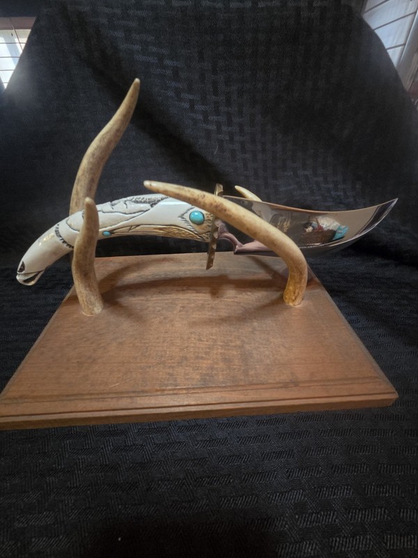 TED MILLER Handmade Custom Knife with Turquoise Handle Vintage with Custom Stand