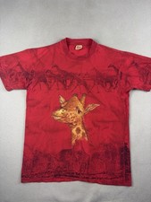 Vintage Giraffe Animal All Over Print T Shirt Size Large Red Safari USA Made 90s