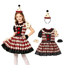 US Kids Girls Cosplay Glossy Dress Birthday Party Clown Costume Swing Halloween