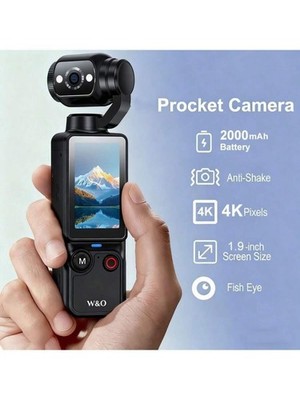 W&O 4K Handheld Stabilizer Camera 1.9'' HD 180° Rotation Pocket Sports Camera