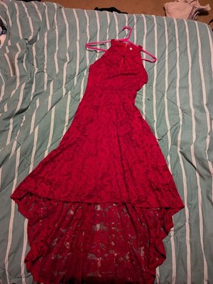 Crimson Halter Style Dress, With Floral Lace Pattern, Longer In Back, Zip Up