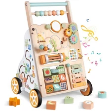 Wooden Baby Walker with Wheels, Push Walker with Baby Activity Center, Montes...