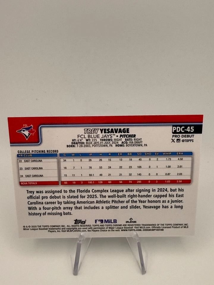 Trey Yesavage 2025 Topps Pro Debut Chrome Aqua Refractor Prospect Rookie 44/75 - Image 2 of 2