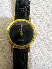 Women’s Diamond Quartz Analog Dress Watch Black Dial Gold Case Black Leather