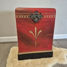 Vintage Solid Wood Hand Painted Chest Red Trunk One of a Kind 20.5 x 14 × 11