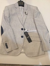 Boys Elie Balleh Navy Striped Blazer With Blue Elbow Patch, Size 8,10