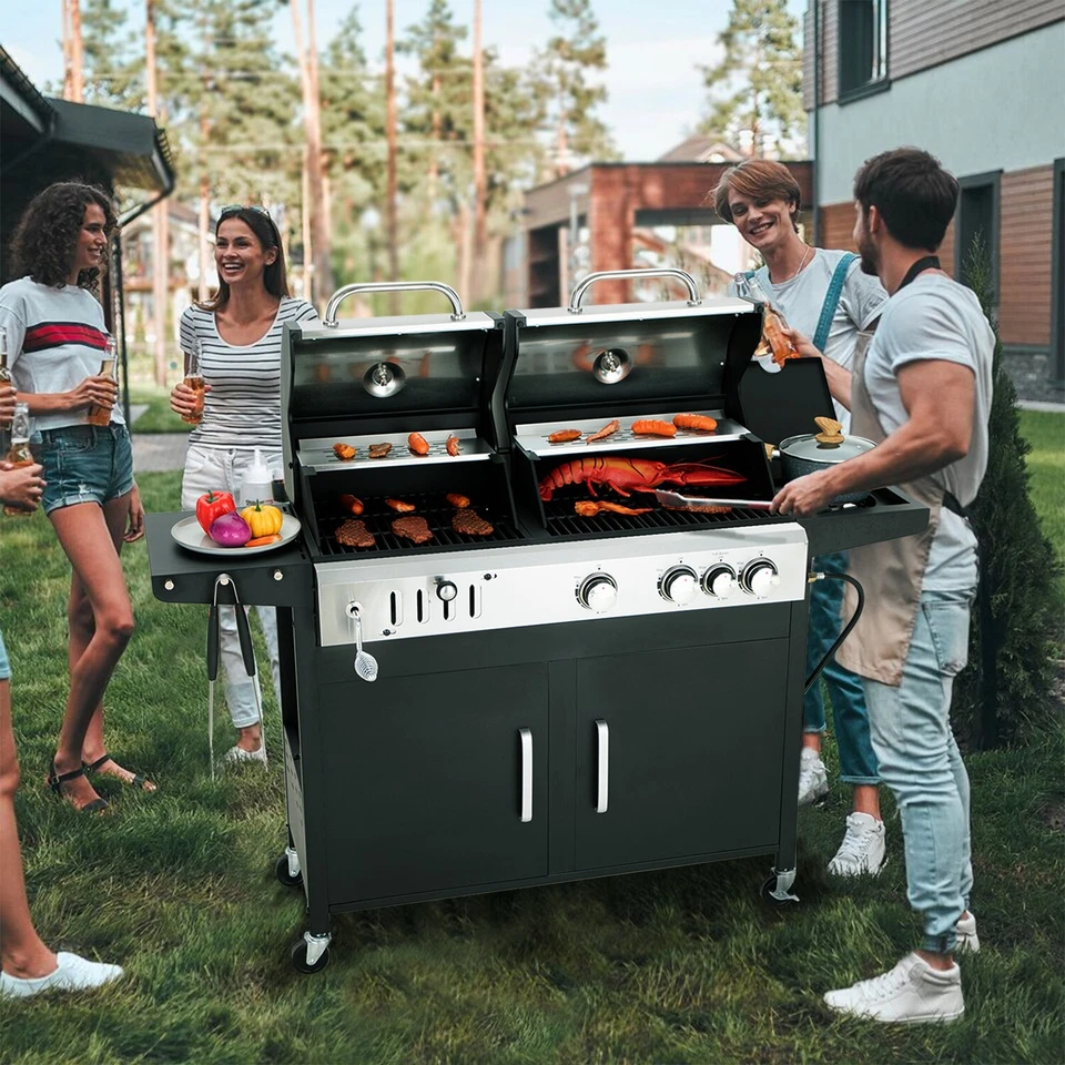 Parrilla de barbacoa de doble combustible propano gas y carbón con quemador lateral exterior negra Foto 2 de 4