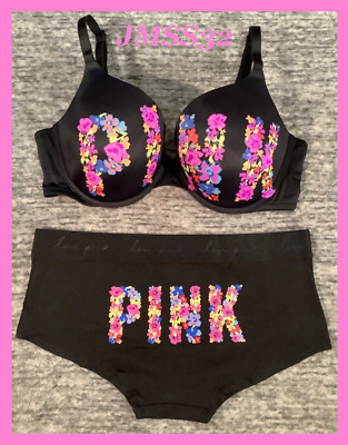 Victoria's Secret Pink Floral Logo Push Up Bra + Shortie Panties