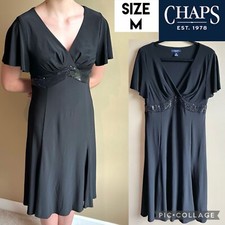 Chaps Womens Dress Black Semi Formal Midi V-neck Short Sleeve Mature Sequins M