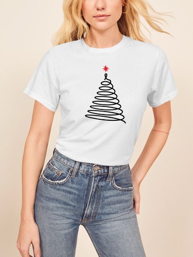 Womens Simple Christmas Tree Design Graphic Print Crew Neck Short Sleeve T Shirt - Picture 16 of 17