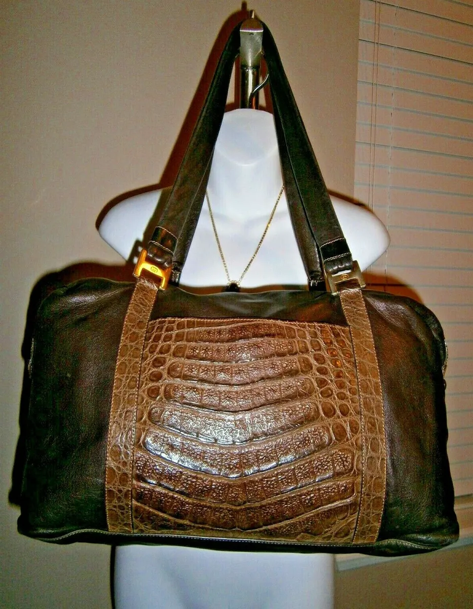Gucci Brown Lambskin Leather/Crocodile Trim Soft Shoulder Style Vintage  Handbag