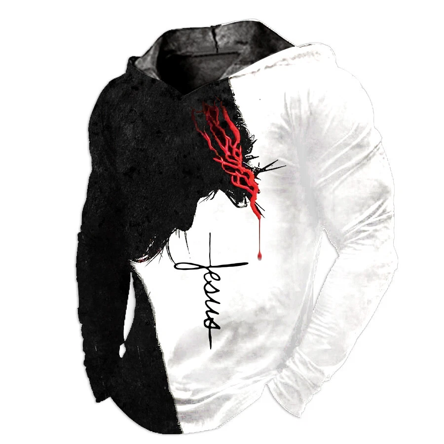 Men Hoodie Pullover Hooded T Shirt Jesus Cross Christian Black White LightWeight
