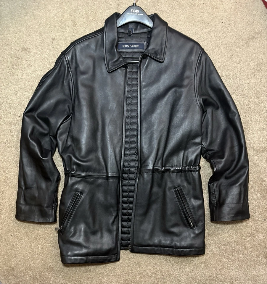 Jaqueta acolchoada Dockers masculina M vintage couro de cordeiro tamanho grande preta bombardeiro