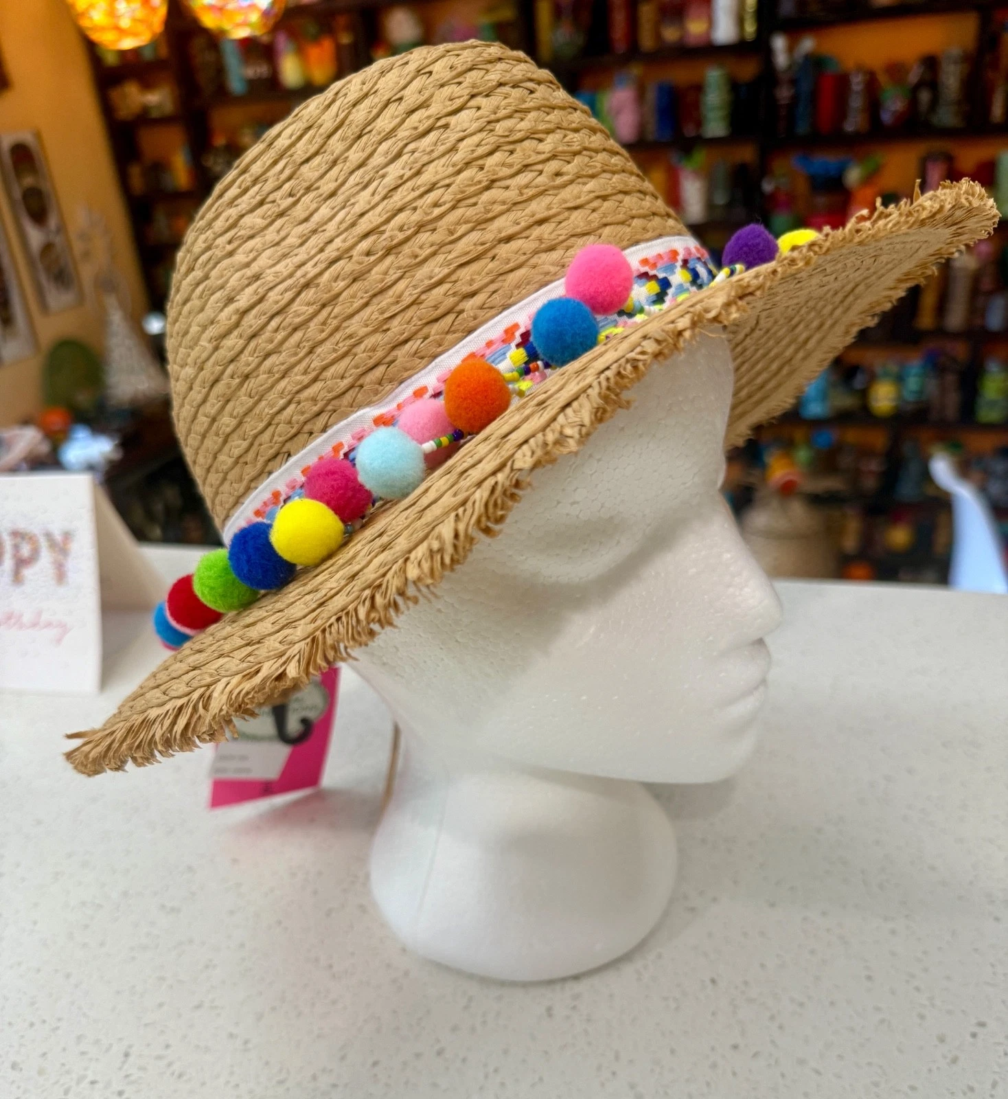 NWT Colorful Betsey Johnson Straw Sun Hat Pom Pom Fringe Beads Boho Festival