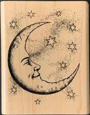 Inkadinkado Celestial Crescent Moon Face Stars Rubber Stamp