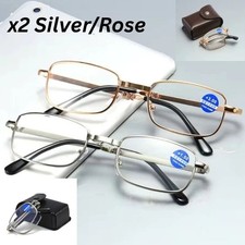 2pcs Folding Reading Glasses 4.00 Metal Frame w/ PU Case Silver  Rose Gold