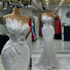 White Mermaid Evening Dress Beaded Flower Lace Appliqued Pageant Party Prom Gown