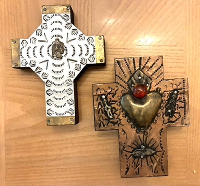Pair of Handmade Mexican Folk Art Punched Tin Crosses with Milagros