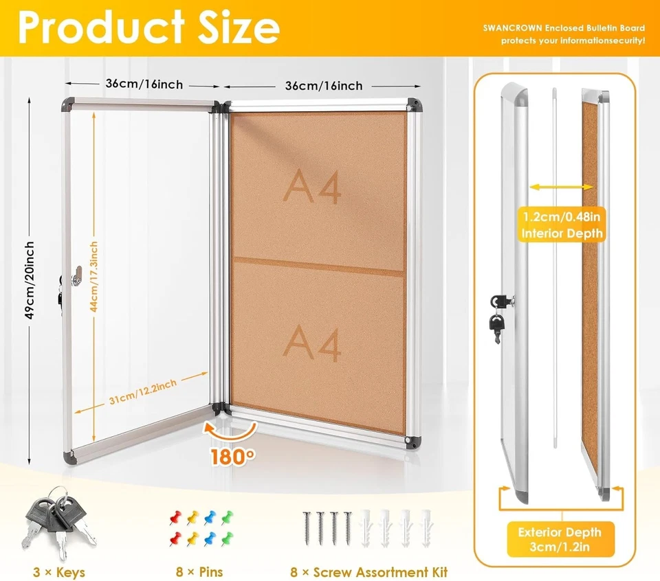 20"x14" Cork Noticeboard with Lockable Door - Stylish Silver Frame Display - Image 4 of 4