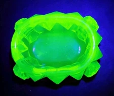 Uranium Glass Open Salt Cellar Green Salt Dip Oval Footed Diamond Pattern Vtg