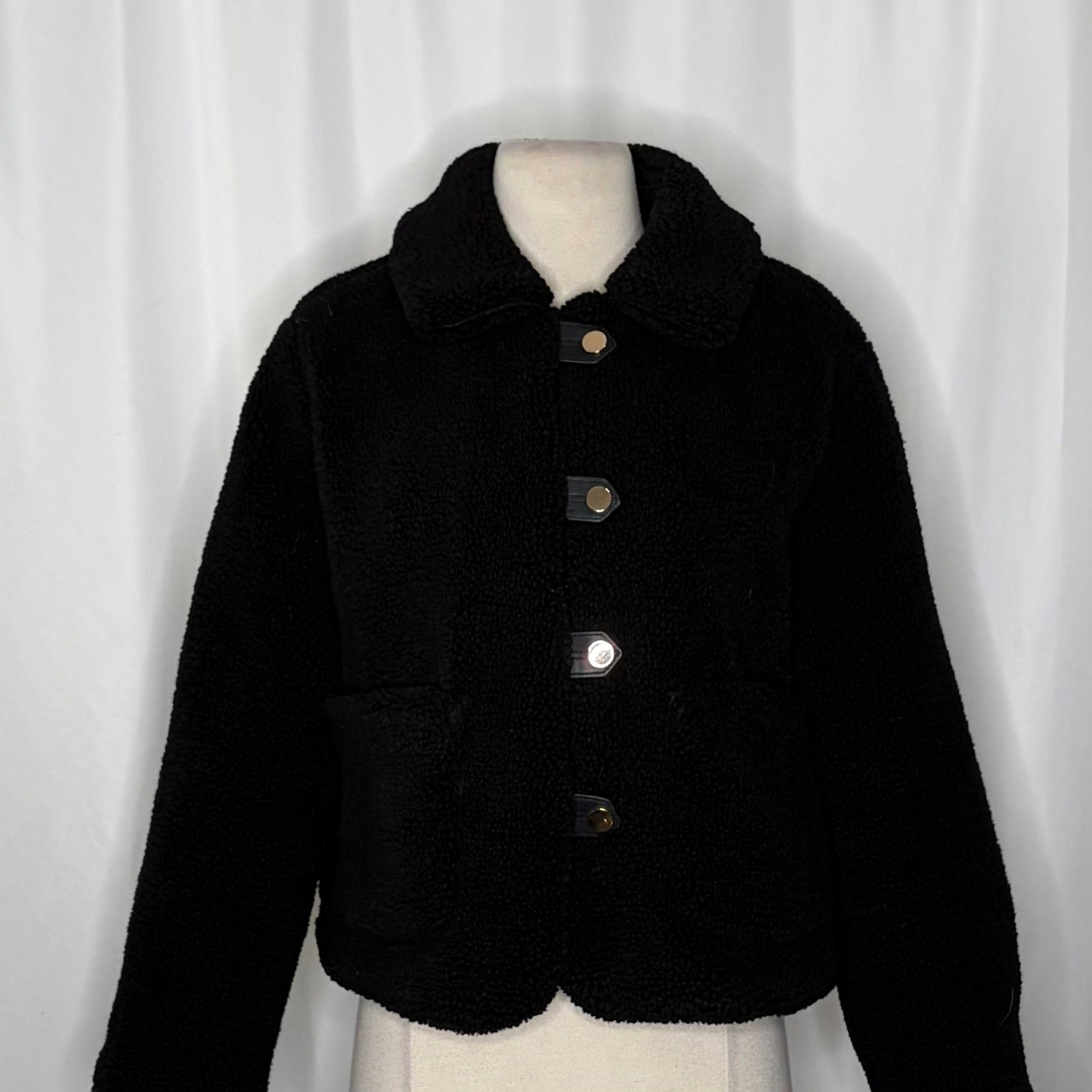 ZARA Black Sherpa Fuzzy Fleece Teddy Coat Faux Shearling Snaps Pockets Small image 3