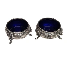 2  PC Sterling Silver Rams Head Salt Cellars W/ Cobalt Blue Glass Inserts