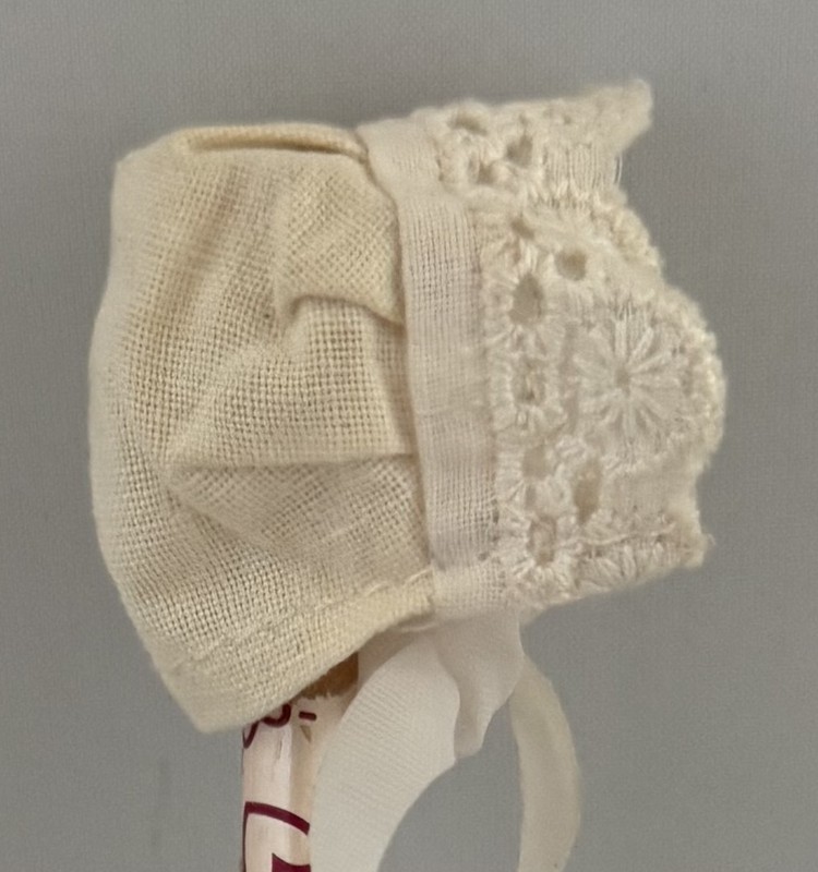 Vintage Tiny Doll Bonnet 3" Creamy White with Eyelet Lace Trim long ribbon ties