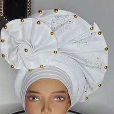 White Cotton Blend Gele Headwrap with Gold Studs Rhinestone Embellishments